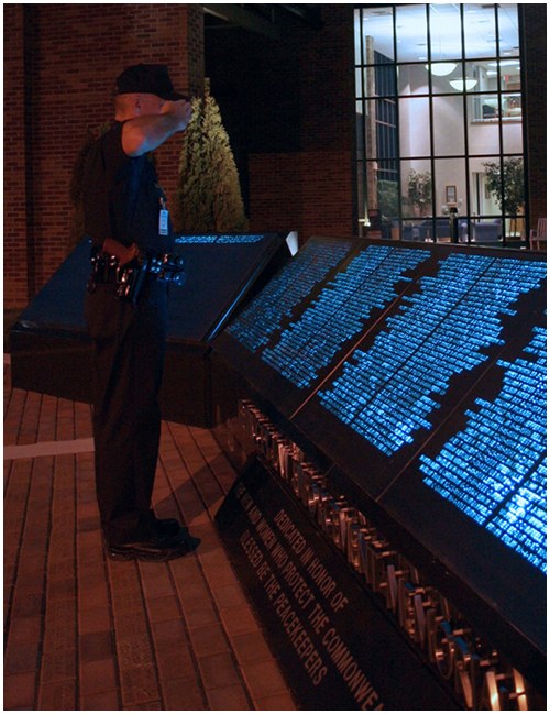 The Kentucky Law Enforcement Memorial is located in front of the John W. Bizzack Law Enforcement Complex at the Department of Criminal Justice Training Center in Richmond, Kentucky.