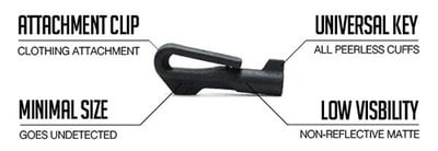 This handcuff key, well-designed for concealment, is approximately ¾ inch in length. With a small clip, the key easily attaches to clothing and has low visibility due to its non-reflective matte. It fits handcuffs manufactured by various companies. Law enforcement officers should be aware that offenders may attempt to hide and use this key.