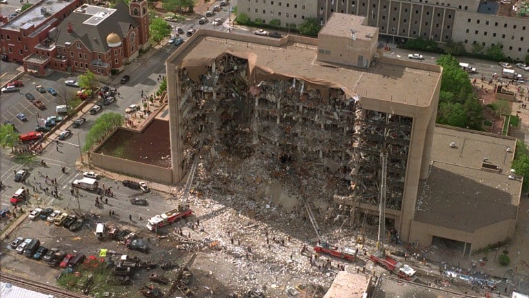 An image of the Alfred P. Murrah Federal Building after the bombing took place in 1995.