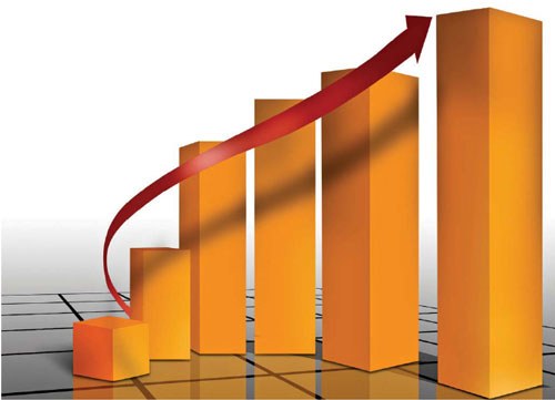 A stock image of a three-dimensional bar graph with an arrow rising from the bottom to the top.