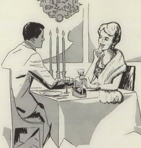 A depiction of a wealthy couple at dinner.