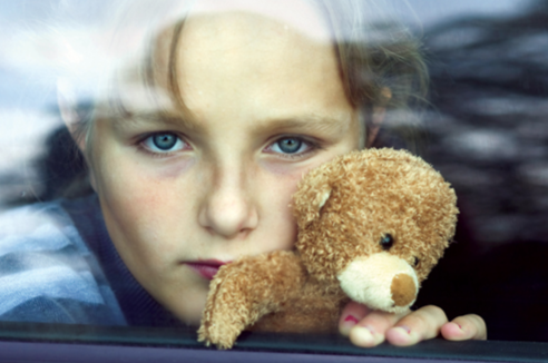 Child Staring Out Car Window with Teddy Bear (Stock Image)