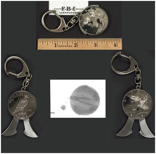 Offenders may attempt to use this weapon against law enforcement officers. The metal coin appears to be a normal silver dollar key chain, but houses a knife, which may vary in style and type of blade.