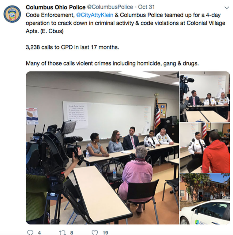 Columbus, Ohio, Police Department tweet announcing a 4-day operation to crack down on criminal activity and code violations.