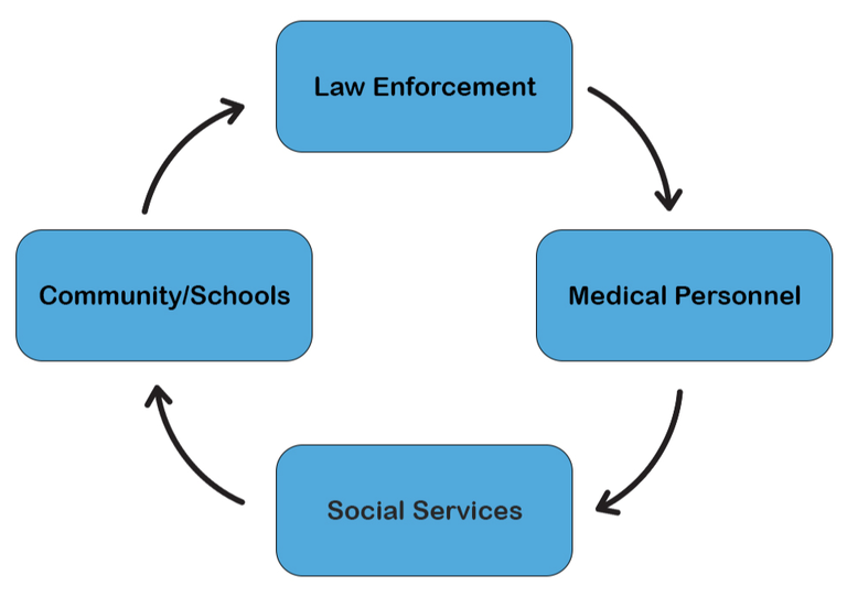 A graph consisting of four boxes with the words law enforcement, medical personnel, social services, and community/schools.