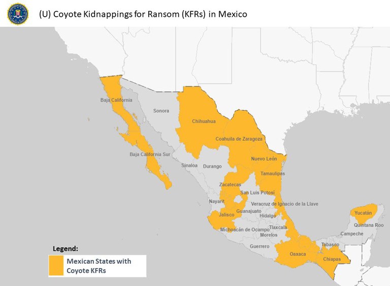 A map of Mexico indicating the states with coyote kidnappings occur.