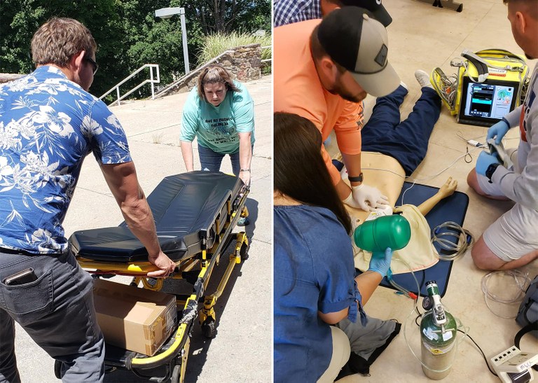 An image of two people moving a medical stretcher and students practicing CPR.