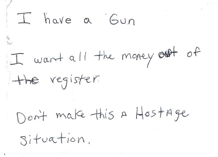 Bank robbery demand note from FBI Chicago in 2011.