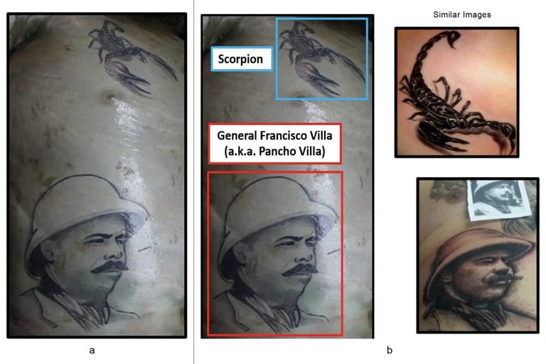 Images of tattoos on a deceased male submitted to TAG for assistance in identification.