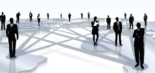 People Standing on Map with Lines Linking Them (Stock Image)