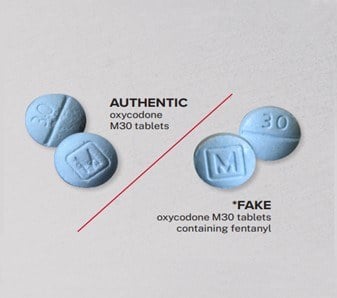 An image of authentic oxycodone and fake oxycodone.