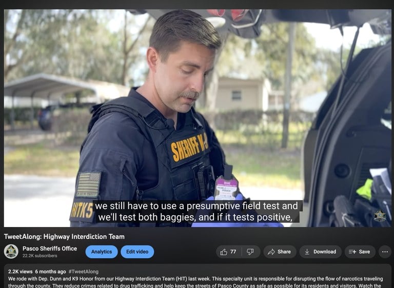 An image of a Pasco Sheriff Deputy James Dunn showing Tweet-Along viewers a presumptive field test of narcotics.