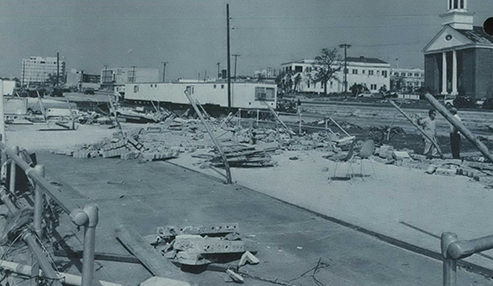 Hurricane Camille smashed into the Mississippi Gulf Coast on Sunday night, August 17, 1969. The Highway Patrol and the Chamber of Commerce quickly moved in house trailers to use as offices after the storm.