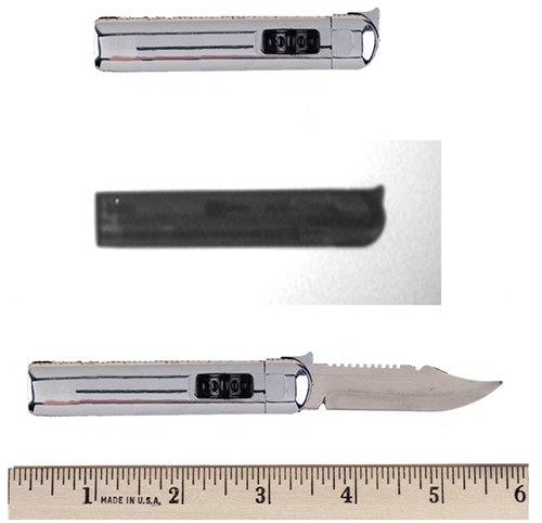 This working lighter conceals an automatic knife. Offenders may attempt to use such a weapon against law enforcement officers, posing serious safety concerns.