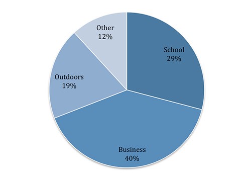 This chart illustrates the primary location of ASEs. Business locales (e.g., retail stores, office buildings, and factories/warehouses) were the most frequently attacked locations. Schools, both K-12 and institutions of higher education, were the second-most attacked locations at 29 percent. 