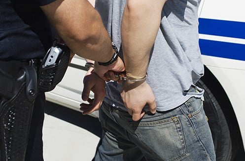 Stock image of a police officer handcuffing a man next to a police car. 