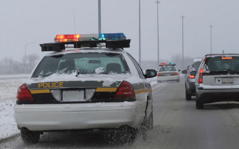 Police Vehicles in Pursuit During Winter Weather