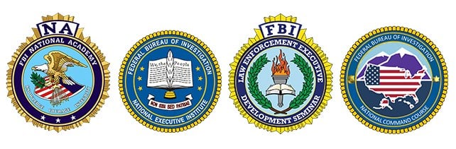 An image with the seals from the National Academy program, National Executive Institute, Law Enforcement Executive Development Seminar, and National Command Course.