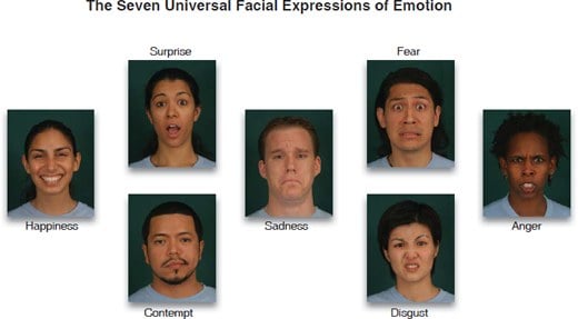Facial expressions that give clues to a person's mood, including happiness, surprise, contempt, sadness, fear, disgust, and anger.
