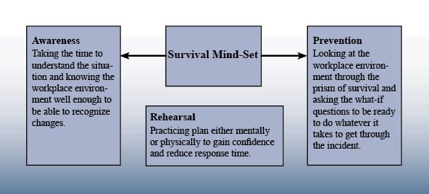 Tips on survival mindset for workplace violence incidents. Awareness: Taking the time to understand the situation and knowing the workplace environment well enough to be able to recognize changes. Rehearsal: Practicing plan either mentally or physically to gain confidence and reduce response time. Prevention: Looking at the workplace environment through the prism of survival and asking the what-if questions to be ready to do whatever it takes to get through the incident.
